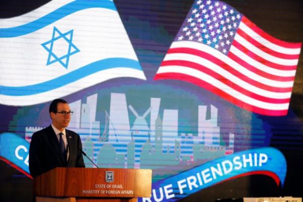 U.S. Treasury Secretary Steven Mnuchin speaks during a reception held at the Israeli Ministry of Foreign Affairs in Jerusalem, ahead of the moving of the U.S. embassy to Jerusalem