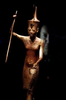 A wooden statue of the King is seen during the media preview of "Tutankhamun: Treasures of the Golden Pharaoh" exhibition set to open at the Saatchi Gallery
