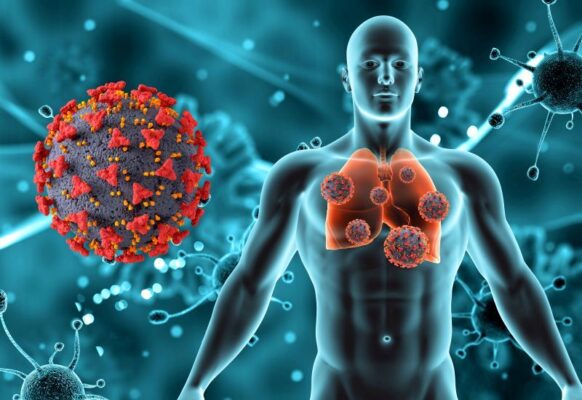 3D medical background with male figure and lungs and Covid 19 vi